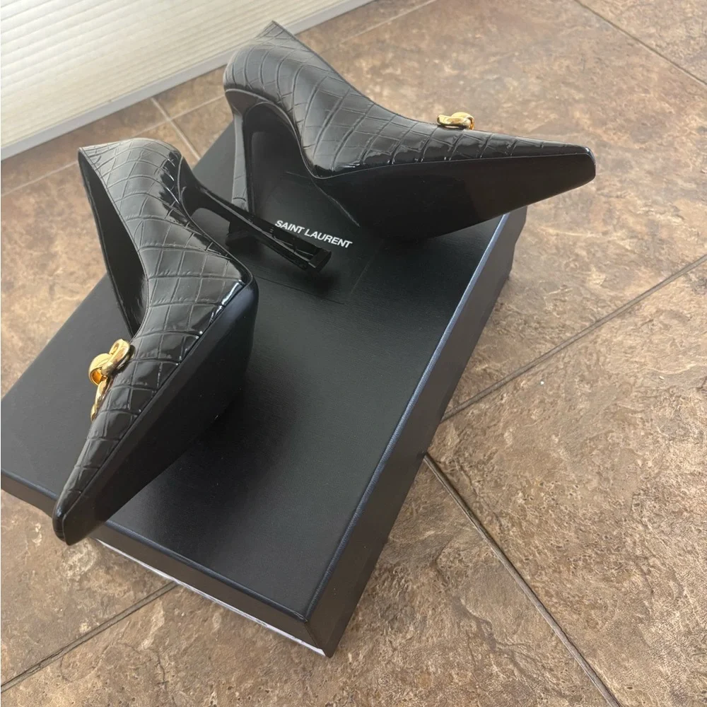 Saint Laurent Black Embossed Heels with Gold Detail - Picture 2 of 7
